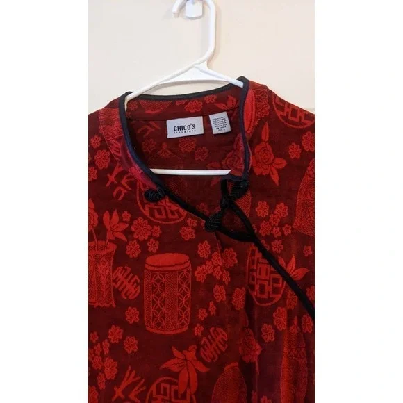 Chico's Red & Black Asian Inspired Cap Short Sleeved Shirt, Size 3 - Picture 5 of 9